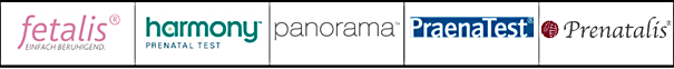 Logos der NIPT-Produkte fetalis, harmony, panorama, PraenaTest und Prenatalis